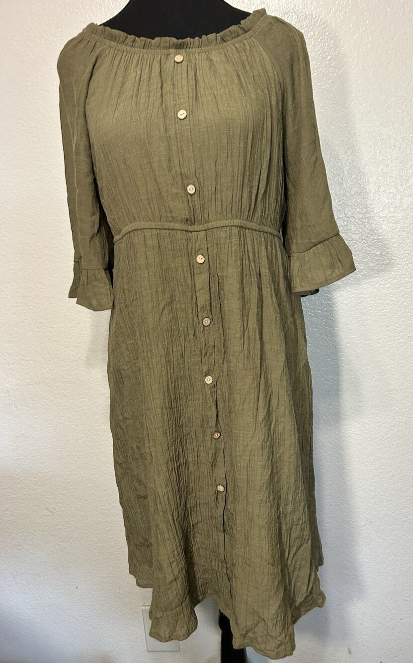 Love, Delicious Maternity Olive Green Button Front Midi Dress XL Boho Flowy